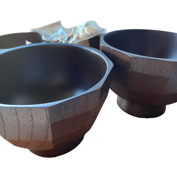 Acacia Wood Footed Rice Soup 4 Bowls Owl And Cat Graphics W/2 Small Spoons - Picture 10 of 12